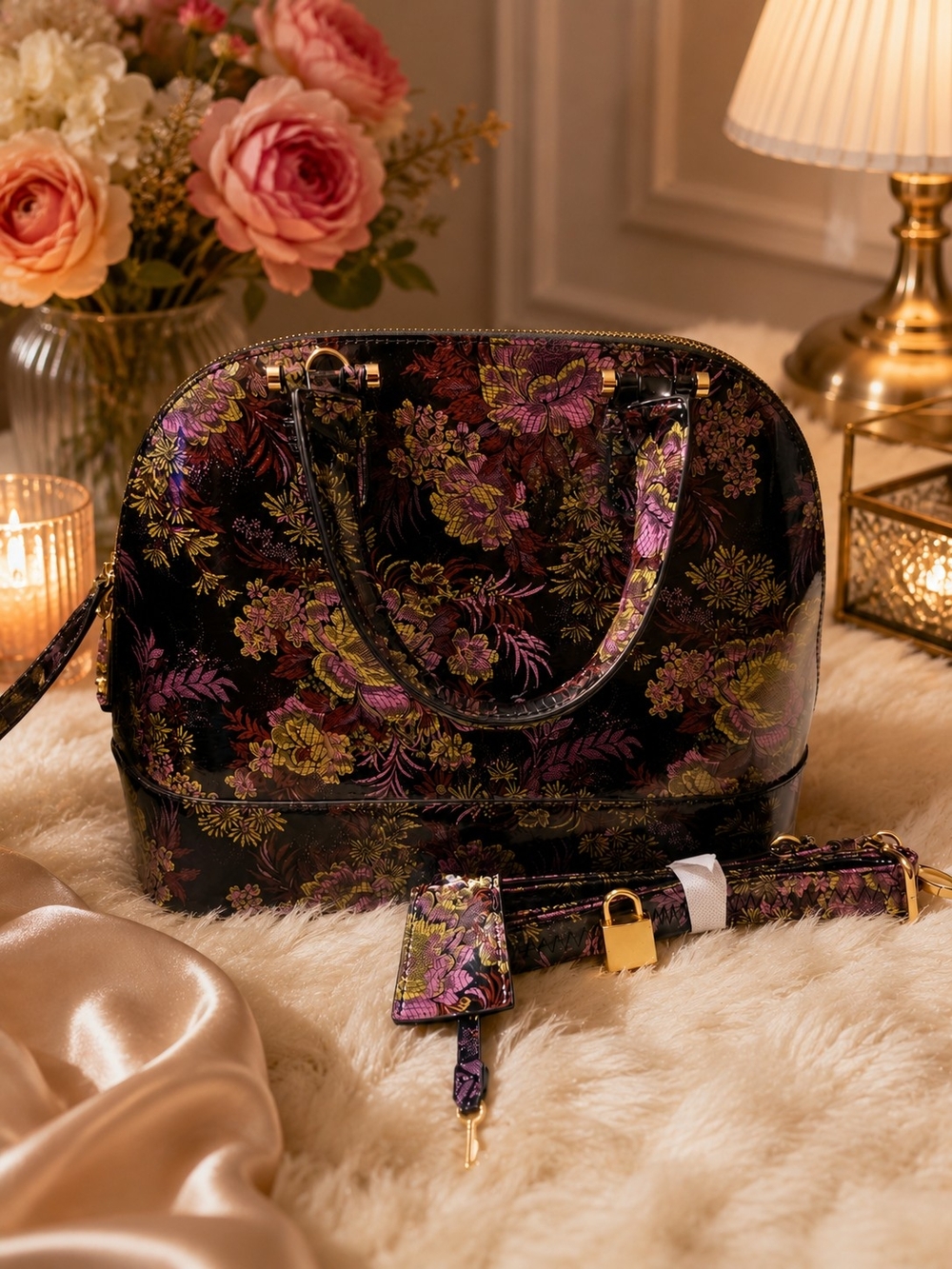 JustFab Black Satchel with Purple and Gold Floral Pattern